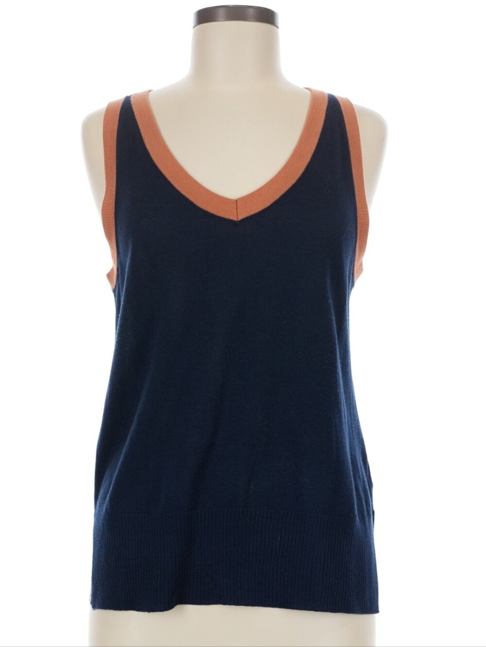 Sleeveless V-Neck Knit Tank Top - Navy with Tan Trim Size Medium